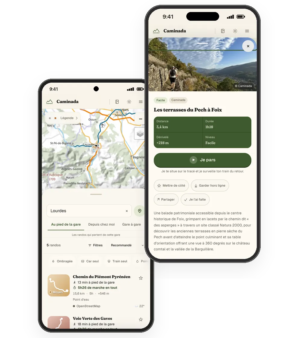 Caminada, in French, on two phones: the hikes near Lourdes station, and the page for Les Terrasses du Pech in Foix with the Je pars button and the Mettre de côté, Garder hors ligne, Partager and Je l'ai faite buttons.